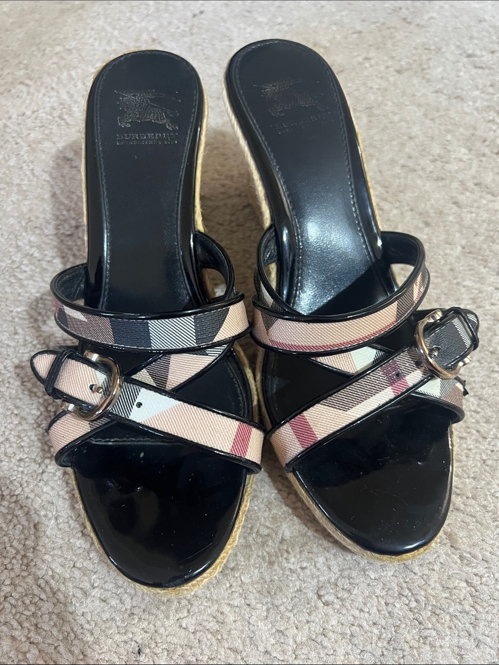 Burberry Black Patent Slide Mules with Beige Pink Plaid Straps - Picture 1 of 2